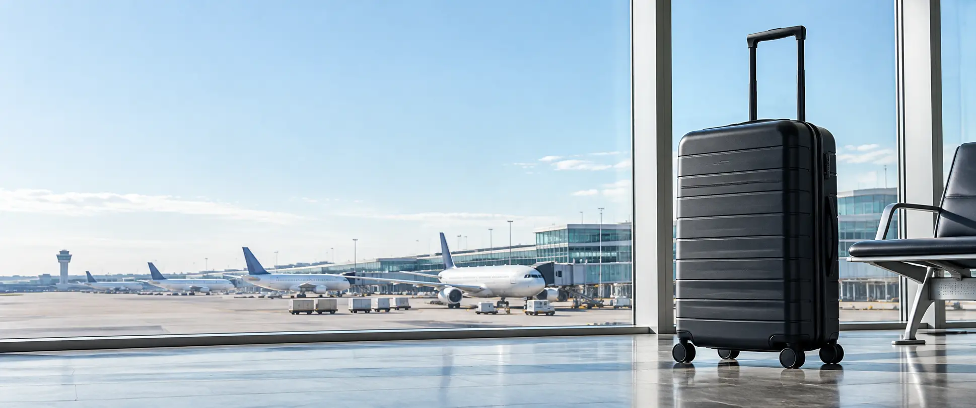 Black suitcase overlooking aircraft at an international airport
