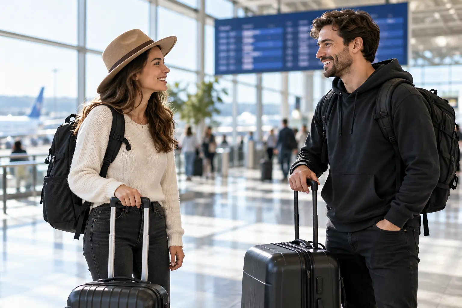 Two travelers meeting with their luggage in an airport departures hall