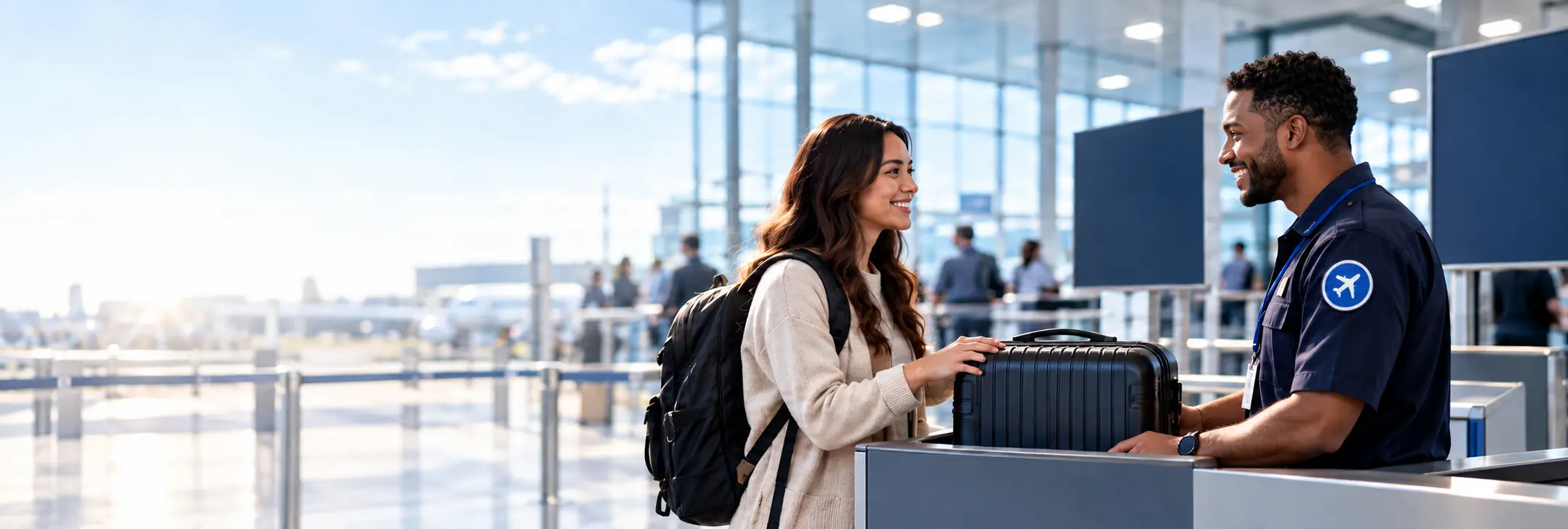 A traveler completing a safe suitcase handoff with a smiling airport representative