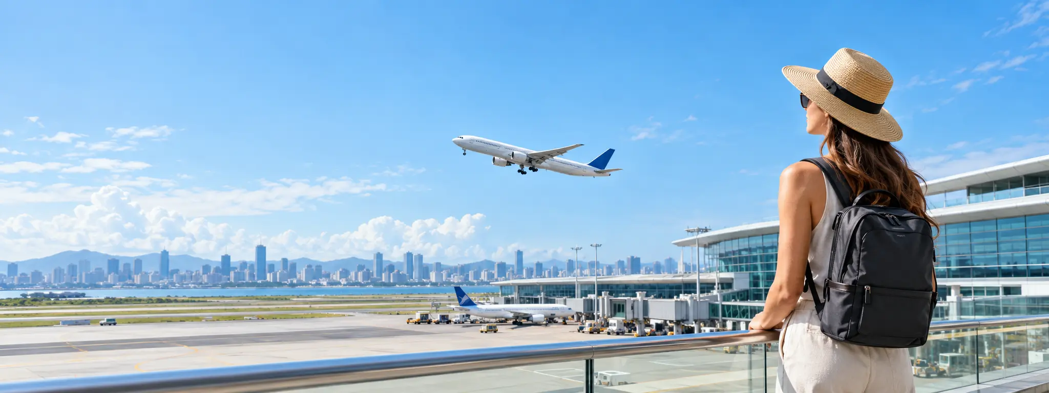 Traveler watching aircraft at a bright international airport