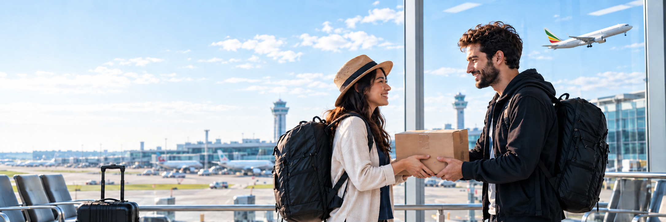A sender and traveler handing over a parcel in a bright airport terminal.